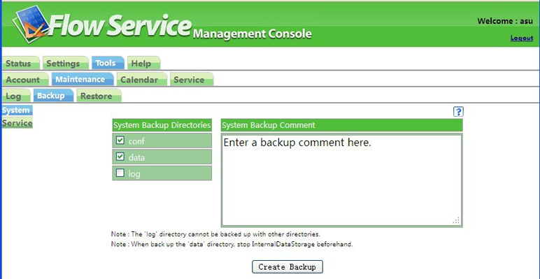 System environment backup screen 