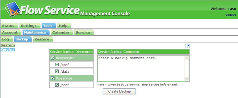 Service environment backup screen