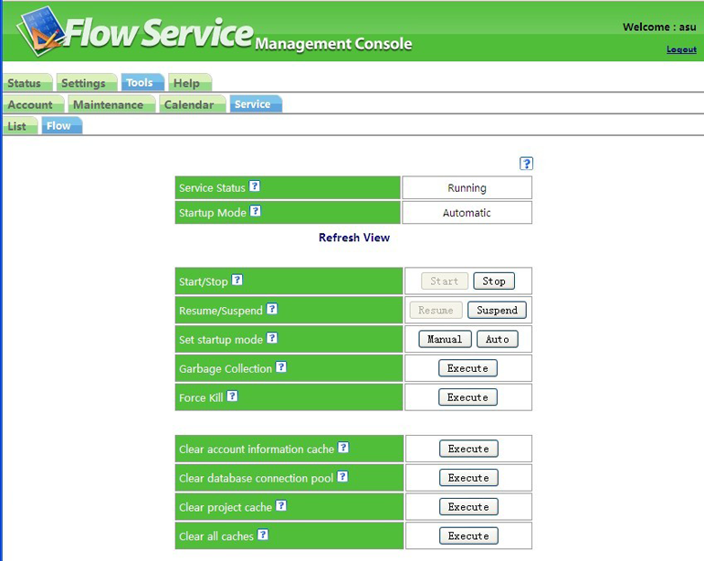 FlowService status screen