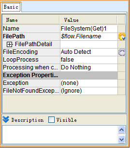 Getting the input file name from the flow: the CSV component's FilePath property set to the expression $flow.Filename.