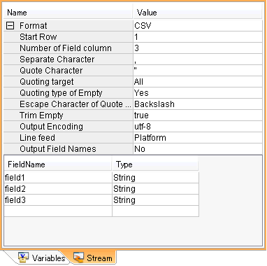 Properties for the CSV component in the stream pane of the inspector