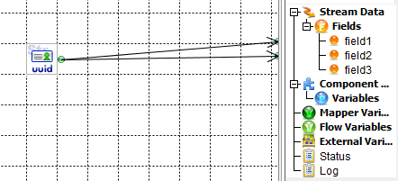 The UUID function connected to the Field1 and Field2 output fields.