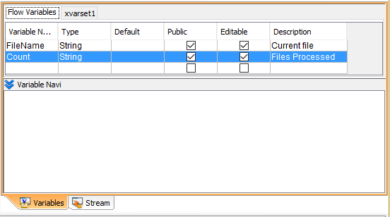 The Variables pane. The external variable set xvarset1 is defined for the project and displayed in a tab of the same name.