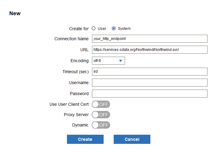 HTTP connection dialog box