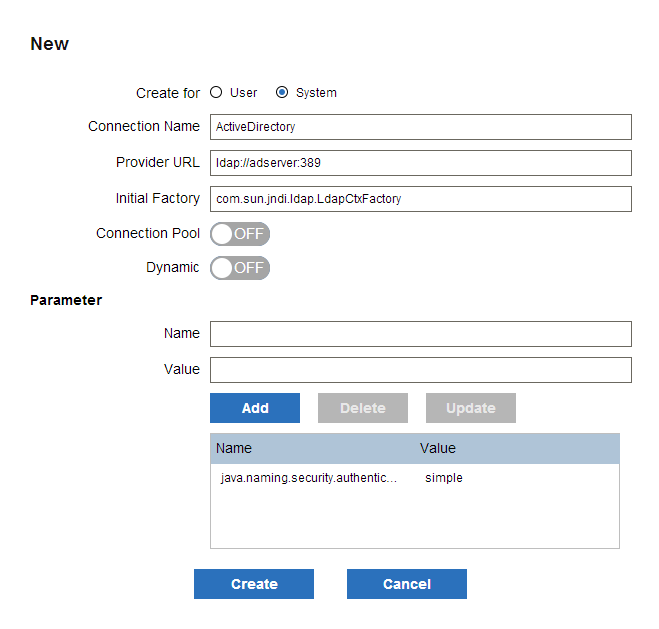 JNDI connection dialog box