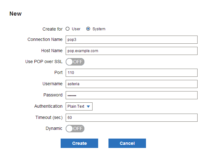 POP3 connection dialog box