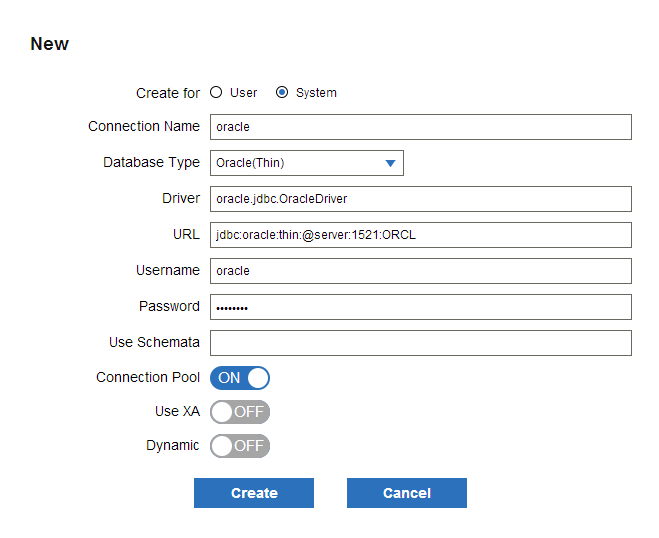 Dialog to create an RDB connection