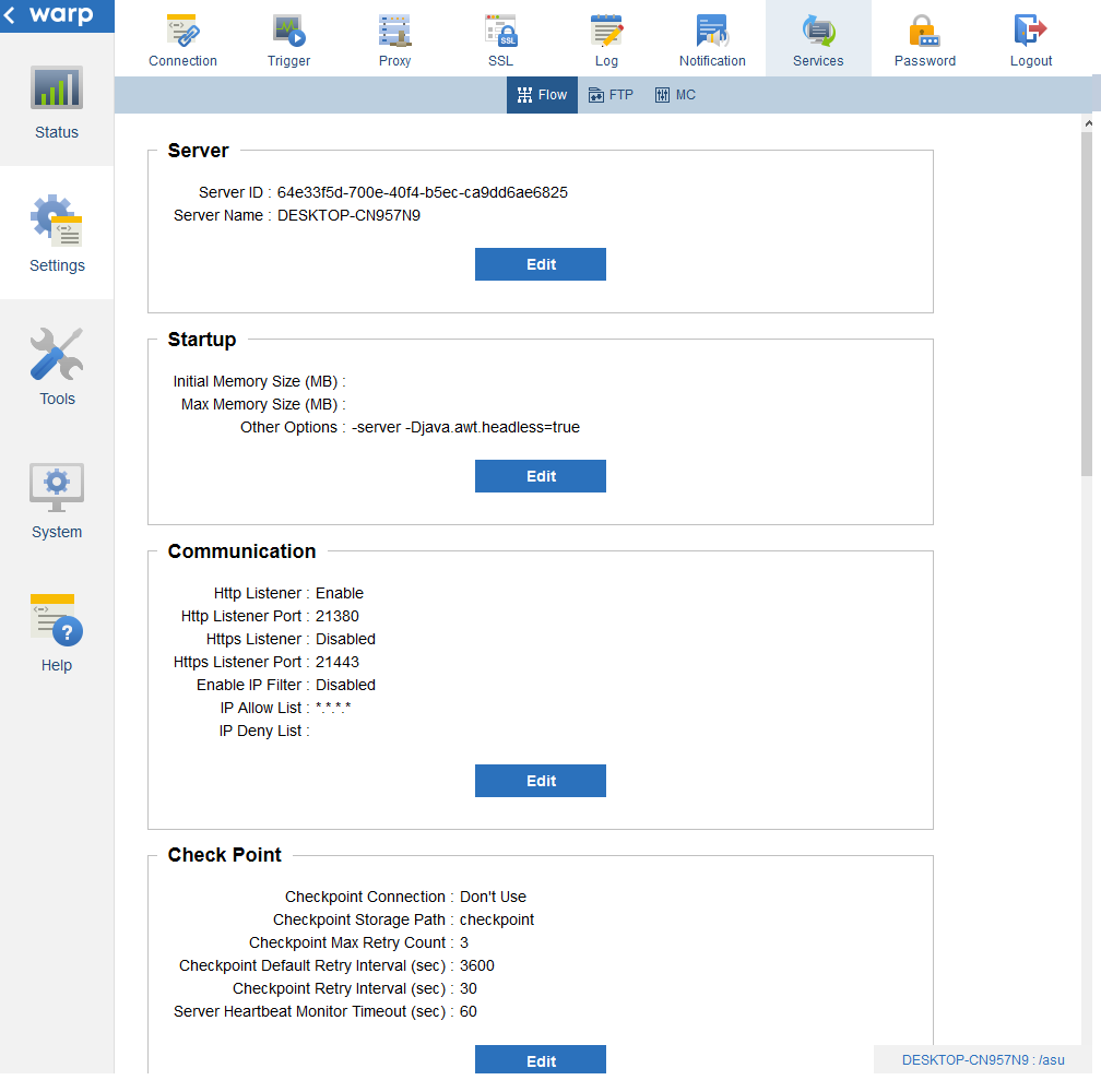 FlowService setting page