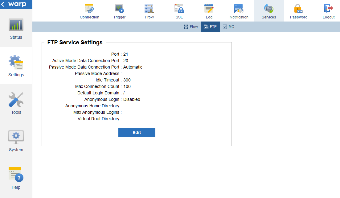 Settings forthe FTP service.