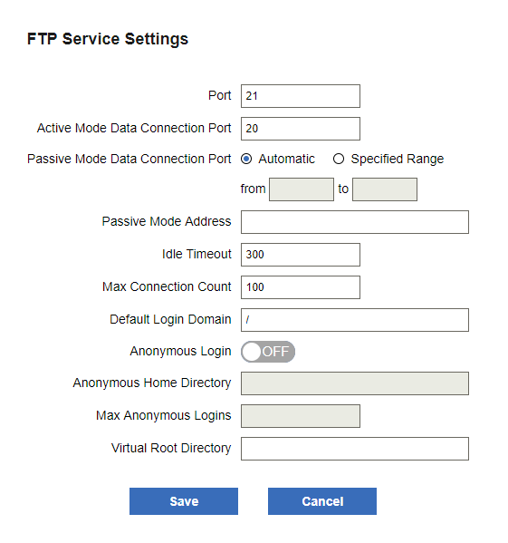 FTP service setting page